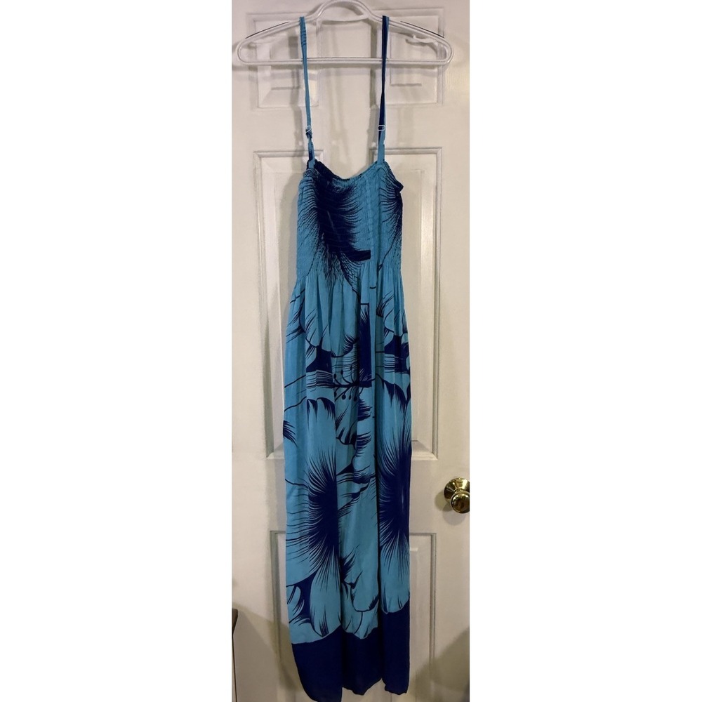 Womens One Size Blue Tropical Floral Maxi Dress Smocked Adjustable Straps